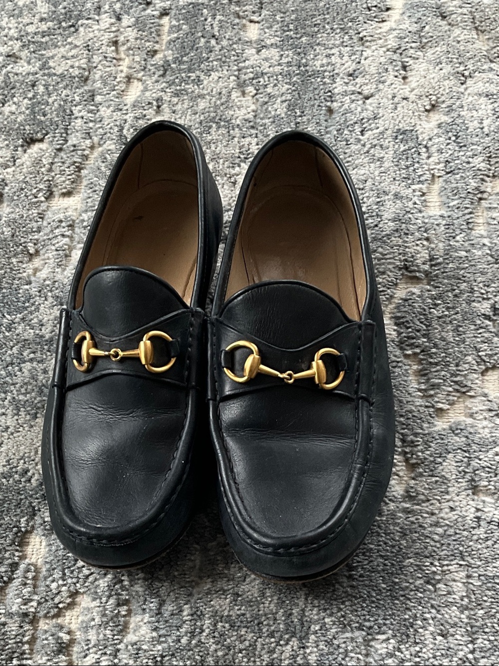 Gucci Navy Leather Loafers with Gold Horsebit